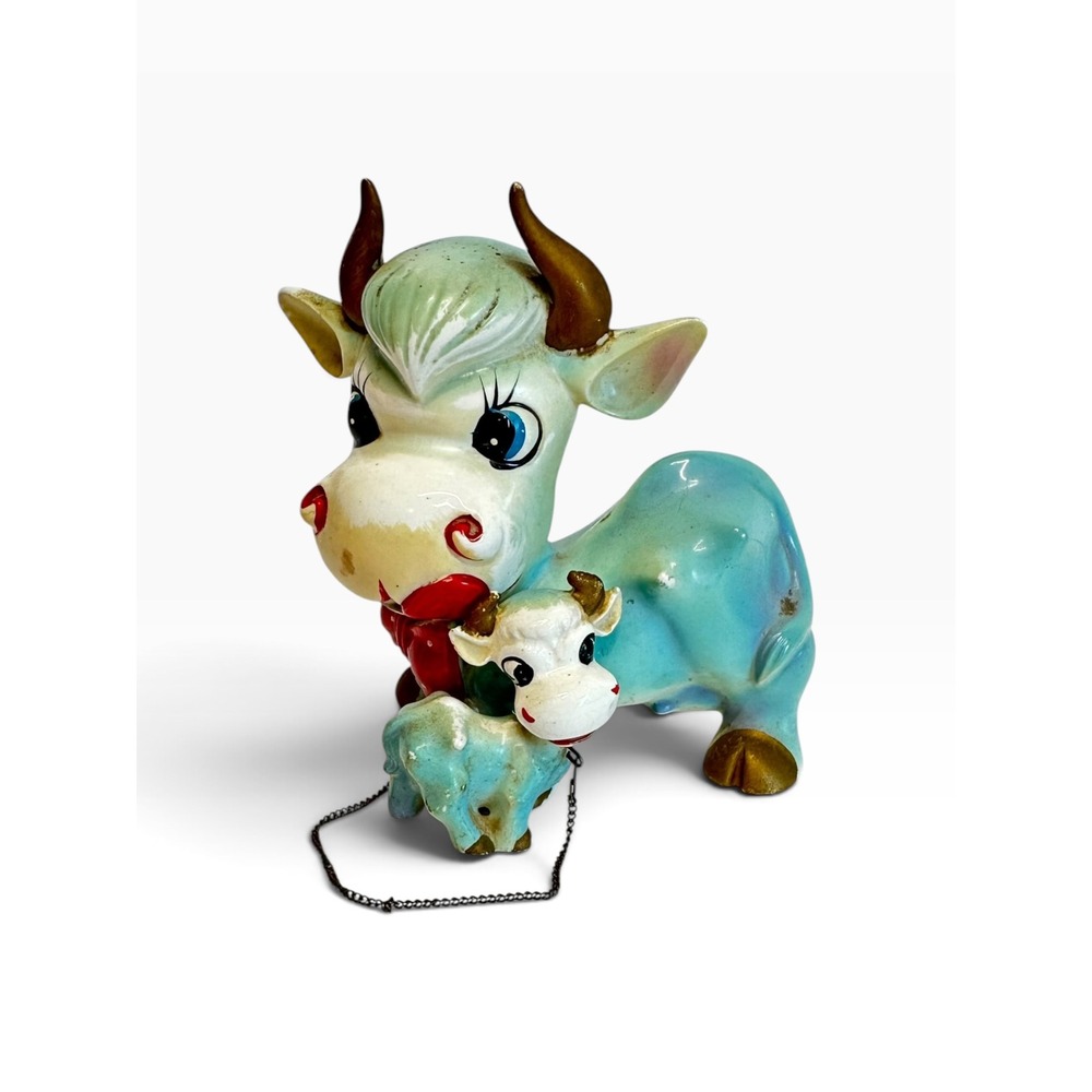 Vintage Victoria Ceramics Cow Calf Figurine Set Blue White Japan Chain Link-Read